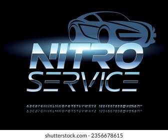 Vector digital banner Nitro Service with abstract metallic Font. Unique set of Bold and Slim modern style Alphabet Letters, Numbers and Symbols svg