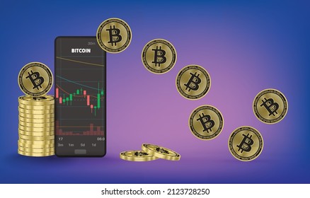 moneda digital de bitcoin vectorial moneda de inversión ajustada y gráfica
con tecnología moderna con aplicación telefónica e inversión con fondo futurista sobre azul abstracto