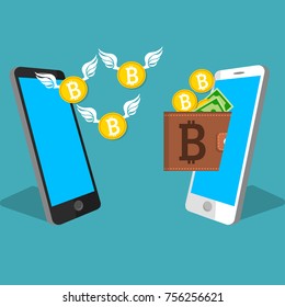 vector digital bitcoin mobile wallet vector concept. Smart phone screen with wallet golden bitoins. Cryptocurresncy transaction concept
