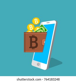 vector digital bitcoin mobile wallet vector concept. Smart phone screen with wallet bitcoins and banknotes. Cryptocurrency transaction concept