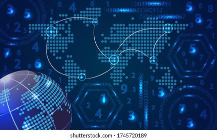 Vector digitaler geschäftlicher geographischer Hintergrund mit Weltbild, Weltkarte, Polygone, Kreise und Zahlen. Vector Grafik auf einem geometrisch dunkelblauen Hintergrund.