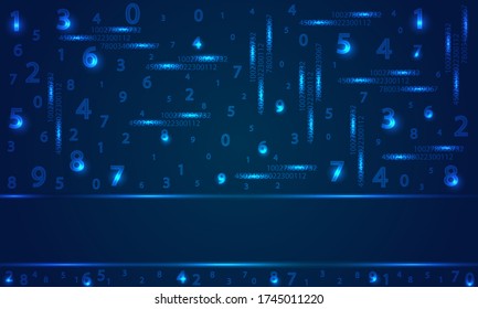 Vector digital business geometric background with the image of numbers and luminous dots on a dark blue background.