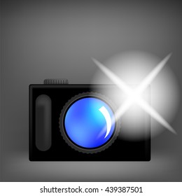 Vector Digital Camera and Flash Isolated on Grey Background