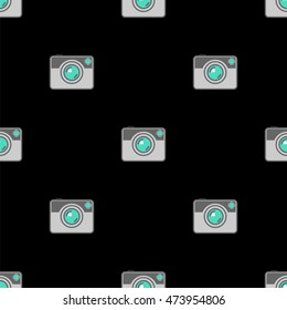 Vector Digital Camera Icon Seamless Pattern on Black Background.