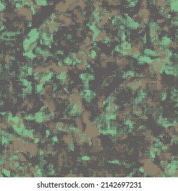 Vector digital camouflage. Green halftone dots design style for clothing print. Seamless camo pattern. Military texture in dots shape.