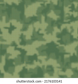 Vector digital camouflage. Green halftone dots design style for clothing print. Seamless camo pattern. Military texture in dots shape