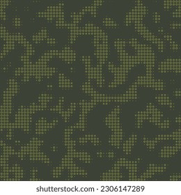 Vector digital camouflage. Green halftone dots design style for clothing print. Seamless camo pattern. Military texture in dots shape.