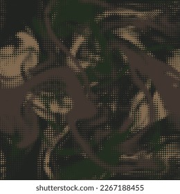 Vector digital camouflage. Grunge halftone dots design style for clothing print. Seamless wave camo pattern. Military urban texture in dots shape. Dark khaki green colors background