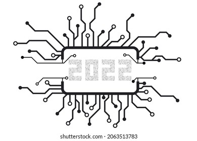 Vector digital circuit message number two thousand twenty-two for technology object pattern on white background, Circuit Number digital new year 2022 concept.