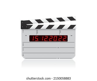 Vector digital clapper board with display. Film production desk. Cinema clapboard, scene and action board. Isolated on white background