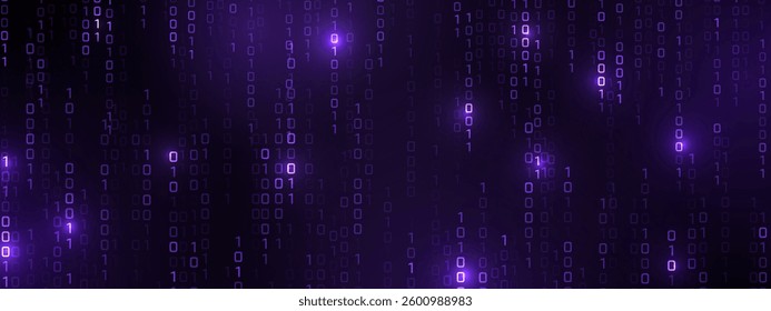 Vector digital code rain in a Matrix inspired futuristic style. High-tech backdrop with glowing binary characters. Binary Software Programming Code Background. Digital Data Technology Concept.