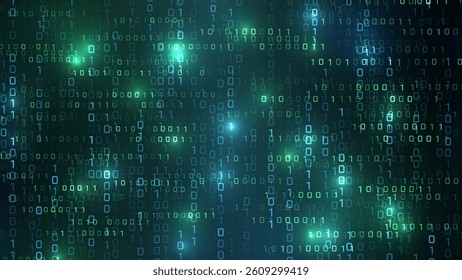 Vector digital code rain in a Matrix inspired futuristic style. High-tech backdrop with glowing binary characters. Binary Software Programming Code Background. Digital Data Technology Concept.