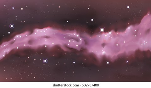 Vector Digital colorful Illustration. Astrology black background. Outer Space horizontal backdrop. Universe. Magenta galaxy. Fog. Dark blurred fond. Stars. Watercolor. Nebula. Cosmic dust. Path.