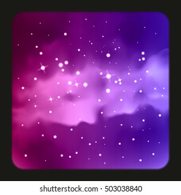 Vector Digital colorful Illustration. Astrology background. Outer bright Space. Universe. Magenta galaxy. Dark blurred stars fog fond. Watercolor. Nebula. Cosmic dust. Black rounded corners frame