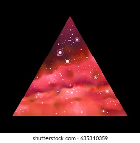 Vector Digital colorful Illustration. Triangle. Bright red outer Space backdrop. Universe. Galaxy. Fog. Dark blurred fond. Stars. Watercolor. Nebula. Cosmic crimson dust. Design element