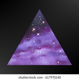 Vector Digital colorful Illustration.Triangle. Bright purple outer Space backdrop. Universe. Galaxy. Fog. Dark indigo blurred fond. Stars. Watercolor. Nebula. Cosmic dust. Design element