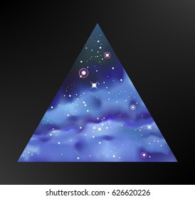 Vector Digital colorful Illustration.Triangle. Bright blue outer Space backdrop. Universe. Galaxy. Fog. Dark indigo blurred fond. Stars. Watercolor. Nebula. Cosmic dust. Design element