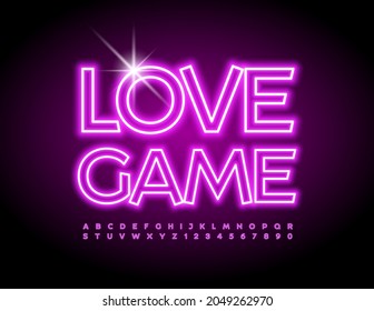 Vektor digitales Konzept Love Game. Helle rosa Schriftart. Neonbeleuchtete Alphabet-Buchstaben und -Zahlen-Set
