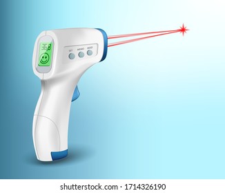 Vector Digital Contactless Electronic Thermometer With Infrared Ray On A Blue Background. Non-contact Infrared Thermography, Body Temperature Safety, Health Care, Epidemic Prevention Concept