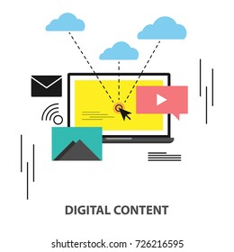Vector digital content, content marketing, social media sharing flat design.
