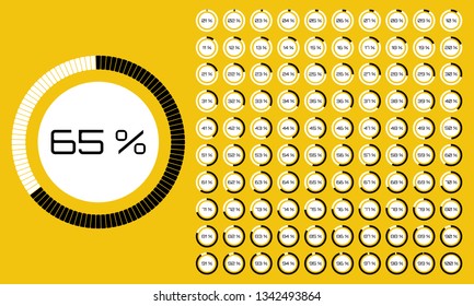 Vector digital count down circle board. Circular sector percentage diagrams- indicator with gradient from hot pink to orange. Colorful pie charts.Vector.Set of circle percentage diagrams from 0 to 100