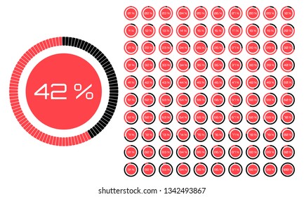 Vector digital count down circle board. Circular sector percentage diagrams- indicator with gradient from hot pink to orange. Colorful pie charts.Vector.Set of circle percentage diagrams from 0 to 100