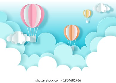 Vector and digital craft style of Airplane and Balloons on the sky. Time to travel concept, Eps 10 Vector.