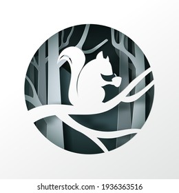 Vector digital craft style of eco forest and Squirrel with chestnut, eps 10 vector. 