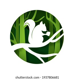 Vector digital craft style of eco green forest and Squirrel with chestnut, eps 10 vector. 