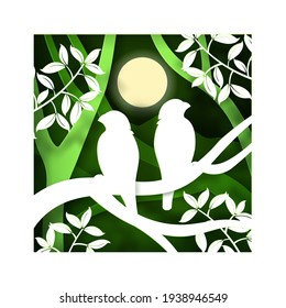 Vector digital craft style of eco green forest and fullmoon with couple birds, eps 10 vector. 