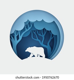 Vector and digital craft style of eco forest with bear. eps 10 vector.