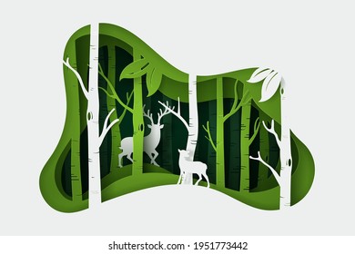 Vector and digital craft style of eco forest with Fullmoon and Deers. eps 10 vector.