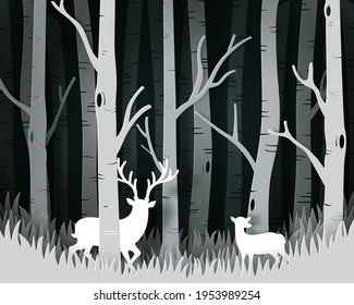 Vector and digital craft style of eco forest with Fullmoon and Deers. eps 10 vector.