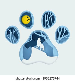 Vector and digital craft style of full moon with wolf howling at night. eps 10 vector.