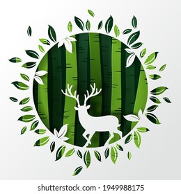 Vector and digital craft style of green eco forest with Deer. Eps 10 Vector.