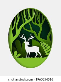 Vector and digital craft style of green eco forest with Deer. eps 10 vector.