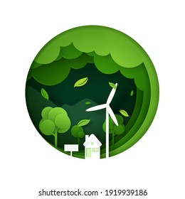 Vector and digital craft style of nature landscape, Green eco concept. Eps 10 Vector.