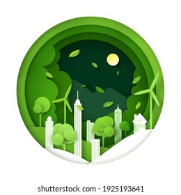 Vector and digital craft style of nature landscape, Green eco friendly city concept. Eps 10 Vector.