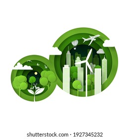 Vector and digital craft style of nature landscape, Green eco city concept. Eps 10 Vector.