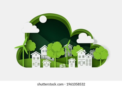 Vector and digital craft style of nature landscape with village, Green eco concept. Eps 10 Vector.