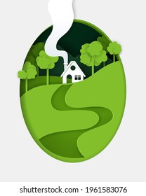 Vector and digital craft style of nature landscape with house, Green eco concept. Eps 10 Vector.
