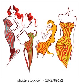 VECTOR digital creative handmade fashion sketch set with a beautiful young girl model in dress for design logo 