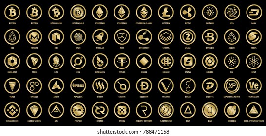 Vector digital currencies gold logo signs on black background
