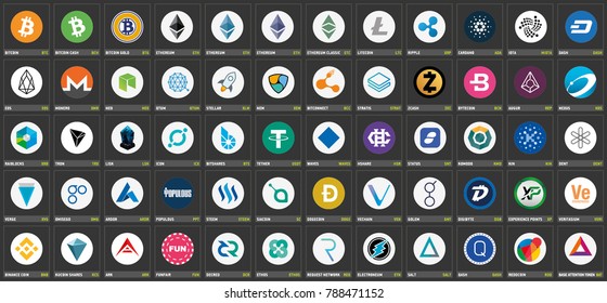 Vector digital currencies round color logos names and symbols on dark grey background