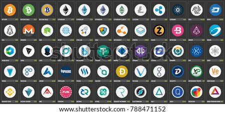 Vector digital currencies round color logos names and symbols on dark grey background