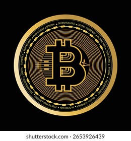 Moeda digital vetor, Bitcoin dourado, que opera em um sistema descentralizado com registro de transações e criação de novas unidades sem uma autoridade centralizada, isolada em fundo preto. 