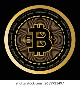 Moeda digital vetor, Bitcoin dourado, que opera em um sistema descentralizado com registro de transações e criação de novas unidades sem uma autoridade centralizada, isolada em fundo preto. 