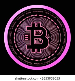 Moeda digital vetorial, Bitcoin rosa, que opera em um sistema descentralizado com registro de transações e criação de novas unidades sem uma autoridade centralizada, isoladas em fundo preto.