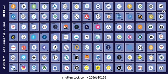 Vector Digital Currency Set. Color version logos of 105 cryptocurrency, DeFi and tokens. Cryptocurrencies logos, symbols and icons on dark background in stamp design.