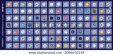 Vector Digital Currency Set. Color version logos of 105 cryptocurrency, DeFi and tokens. Cryptocurrencies logos, symbols and icons on dark background in stamp design.